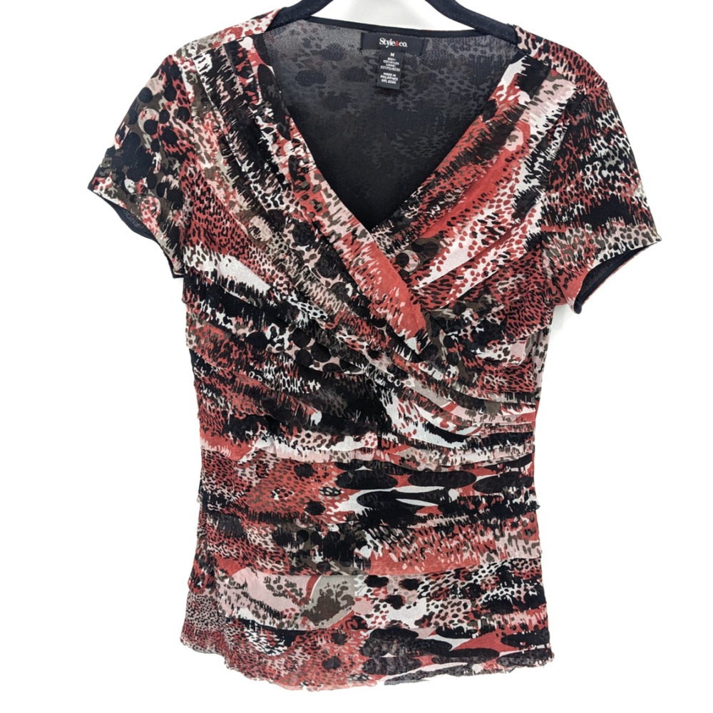 Y2K Shirt Women Medium Black Mesh Ruched Short Sleeve Top Whimsygoth Style & Co